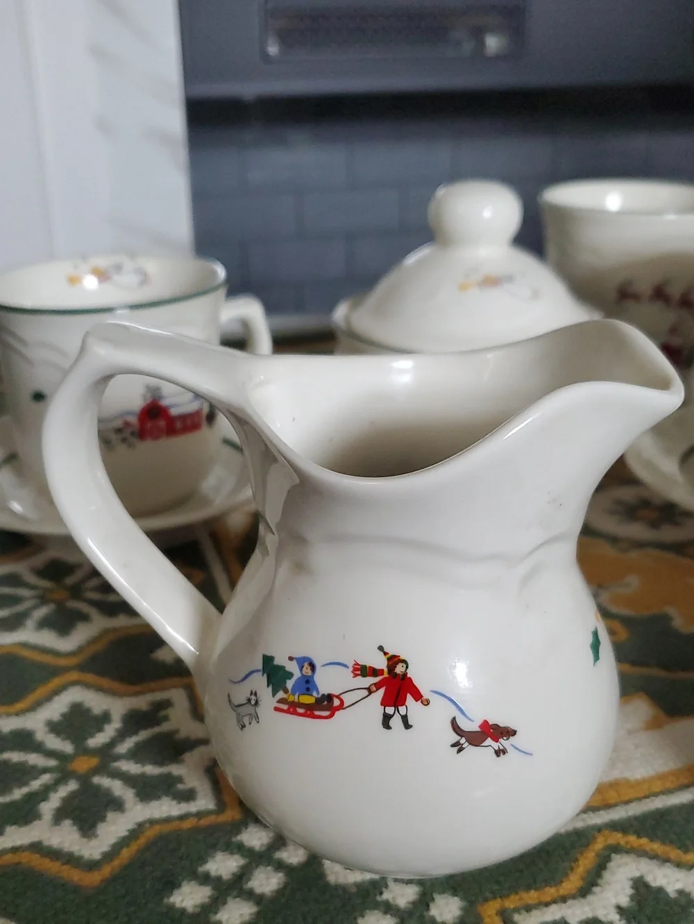 Vintage Pfaltzgraff Festive Winter Scene Set - White with Red & Green.